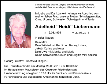 Traueranzeige von Adelheid Liebermann von Neue Presse Coburg