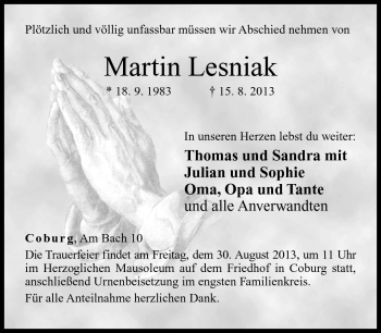 Traueranzeige von Martin Lesniak von Neue Presse Coburg