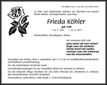 Traueranzeige von Frieda Köhler von Frankenpost
