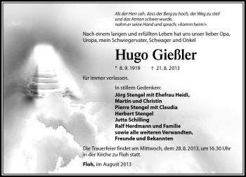 Traueranzeige von Hugo Gießler von Südthüringer Presse