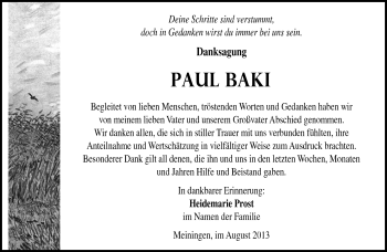 Traueranzeige von Paul Baki von Südthüringer Presse