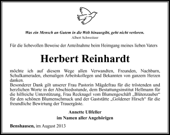 Traueranzeige von Herbert Reinhardt von Südthüringer Presse
