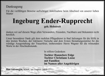 Traueranzeige von Ingeburg Ender-Rupprcht von Südthüringer Presse