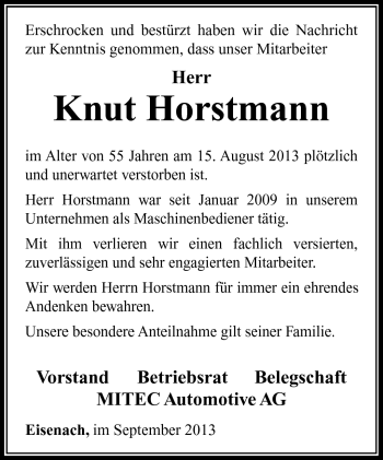 Traueranzeige von Knut Horstmann von Südthüringer Presse
