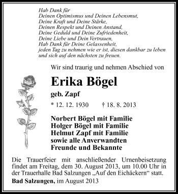 Traueranzeige von Erika Bögel von Südthüringer Presse