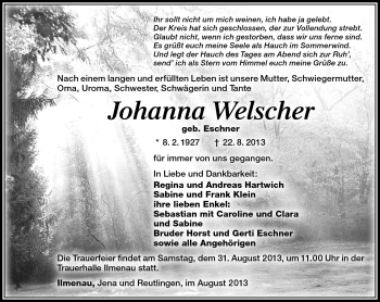 Traueranzeige von Johanna Welscher von Südthüringer Presse