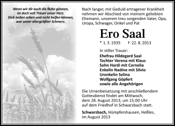 Traueranzeige von Ero Saal von Südthüringer Presse