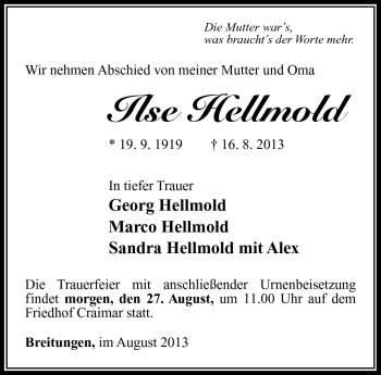 Traueranzeige von Ilse Hellmold von Südthüringer Presse