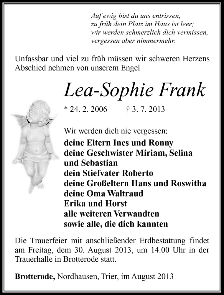  Traueranzeige für Lea-Sophie Frank vom 28.08.2013 aus Südthüringer Presse