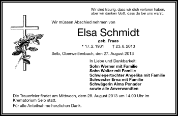 Traueranzeige von Elsa Schmidt von Frankenpost