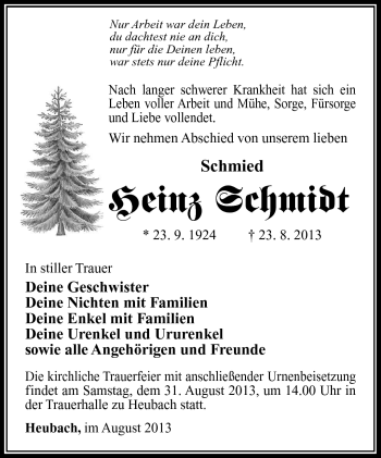 Traueranzeige von Heinz Schmidt von Südthüringer Presse
