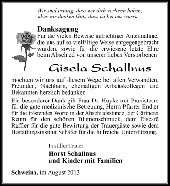 Traueranzeige von Gisela Schallnus von Südthüringer Presse