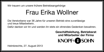 Traueranzeige von Erika Wollner von Frankenpost