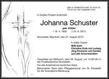 Traueranzeige von Johanna Schuster von Frankenpost