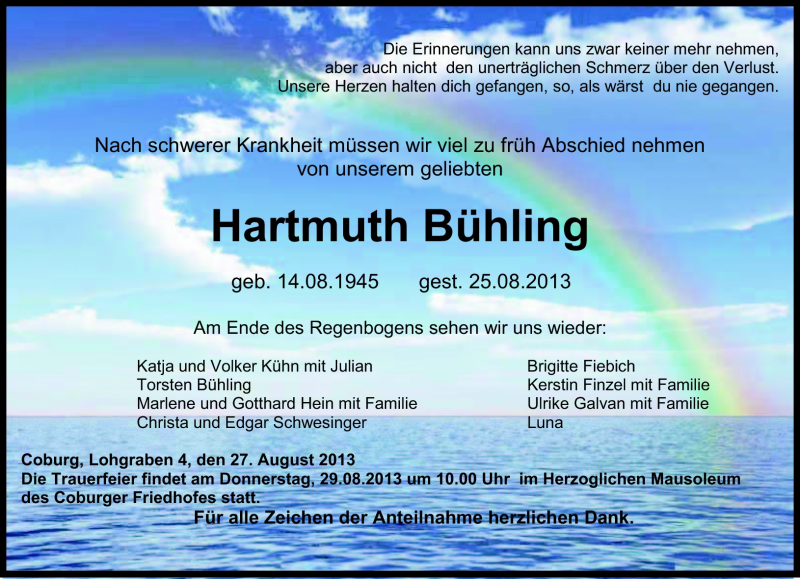 Traueranzeige für Hartmuth Bühling vom 27.08.2013 aus Neue Presse Coburg