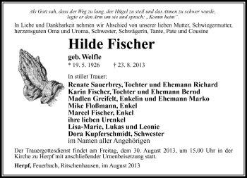 Traueranzeige von Hilde Fischer von Südthüringer Presse