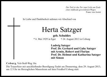 Traueranzeige von Herta Satzger von Neue Presse Coburg