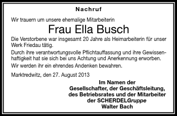 Traueranzeige von Ella Busch von Frankenpost