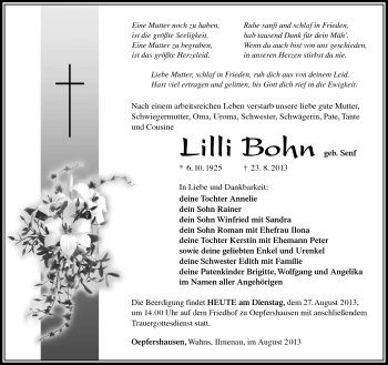 Traueranzeige von Lilli Bohn von Südthüringer Presse