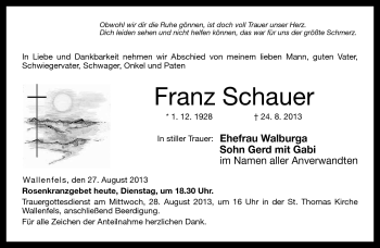 Traueranzeige von Franz Schauer von Neue Presse Coburg