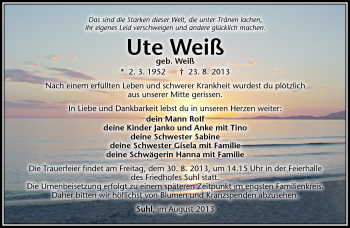 Traueranzeige von Ute Weiß von Südthüringer Presse