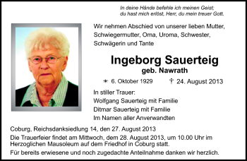 Traueranzeige von Ingeborg Sauerteig von Neue Presse Coburg