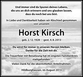 Traueranzeige von Horst Kirsch von Südthüringer Presse