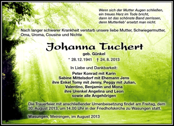Traueranzeige von Johanna Tuchert von Südthüringer Presse