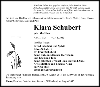 Traueranzeige von Klara Schubert von Südthüringer Presse
