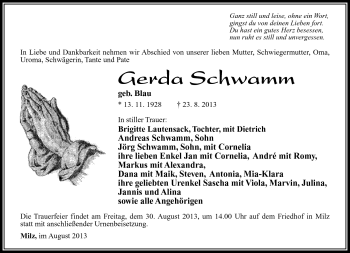 Traueranzeige von Gerda Schwamm von Südthüringer Presse