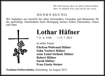 Traueranzeige von Lothar Häfner von Südthüringer Presse