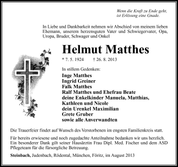 Traueranzeige von Helmut Matthes von Südthüringer Presse