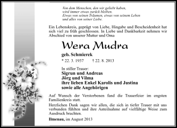 Traueranzeige von Wera Mudra von Südthüringer Presse