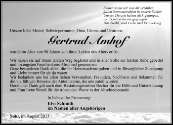 Traueranzeige von Gertrud Amhof von Südthüringer Presse