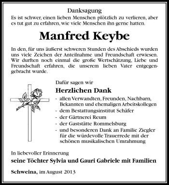 Traueranzeige von Manfred Keybe von Südthüringer Presse