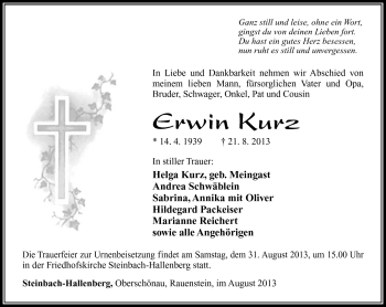 Traueranzeige von Erwin Kurz von Südthüringer Presse