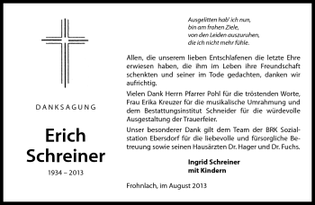 Traueranzeige von Erich Schreiner von Neue Presse Coburg