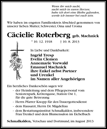 Traueranzeige von Cäcielie Roterberg von Südthüringer Presse