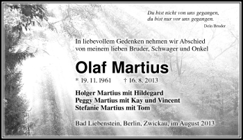 Traueranzeige von Olaf Martius von Südthüringer Presse