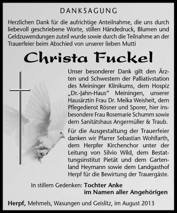 Traueranzeige von Christa Fuckel von Südthüringer Presse