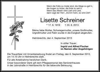 Traueranzeige von Lisette Schreiner von Frankenpost