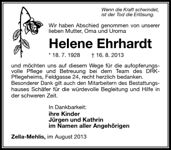 Traueranzeige von Helene Ehrhardt von Südthüringer Presse