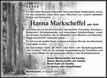 Traueranzeige von Hanna Markscheffel von Südthüringer Presse