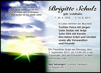 Traueranzeige von Brigitte Schulz von Südthüringer Presse