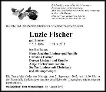 Traueranzeige von Luzie Fischer von Südthüringer Presse