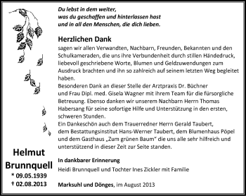 Traueranzeige von Helmut Brunnquell von Südthüringer Presse