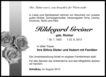 Traueranzeige von Hildegard Greiner von Südthüringer Presse