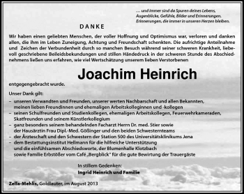 Traueranzeige von Joachim Heinrich von Südthüringer Presse