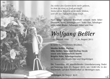 Traueranzeige von Wolfgang Beßler von Südthüringer Presse