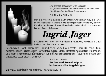 Traueranzeige von Ursula Jäger von Südthüringer Presse
